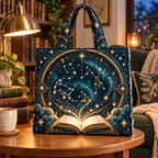 Starlit Atlas Quilted Tote Bag with printed optical 3D artwork in its use setting