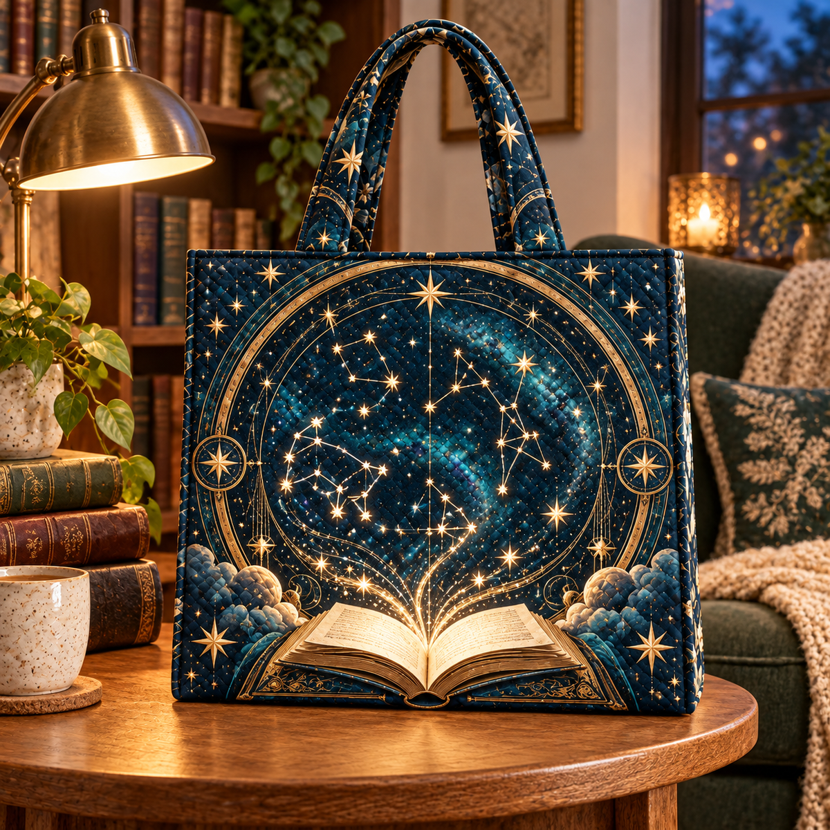 Starlit Atlas Quilted Tote Bag with printed optical 3D artwork in its use setting