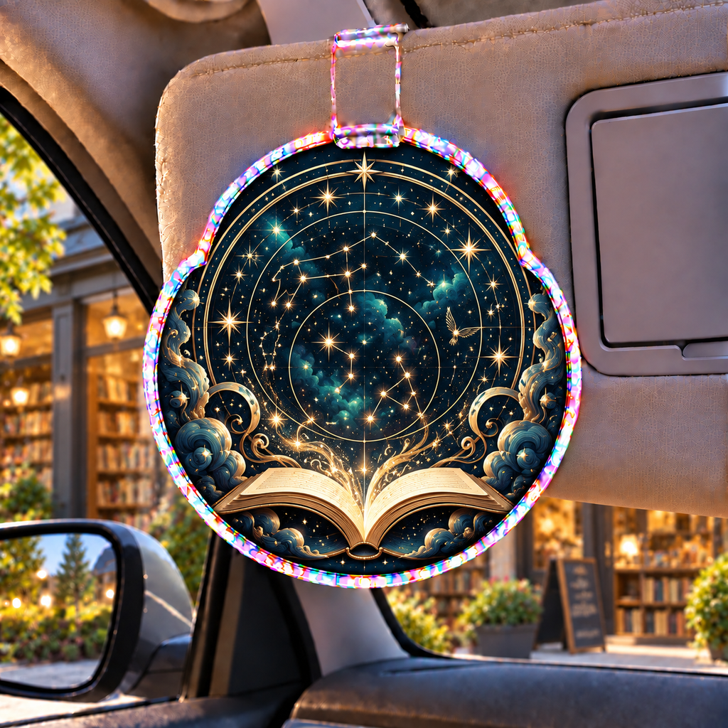 Starlit Atlas Holographic Car Visor Clip with printed optical 3D artwork in its use setting
