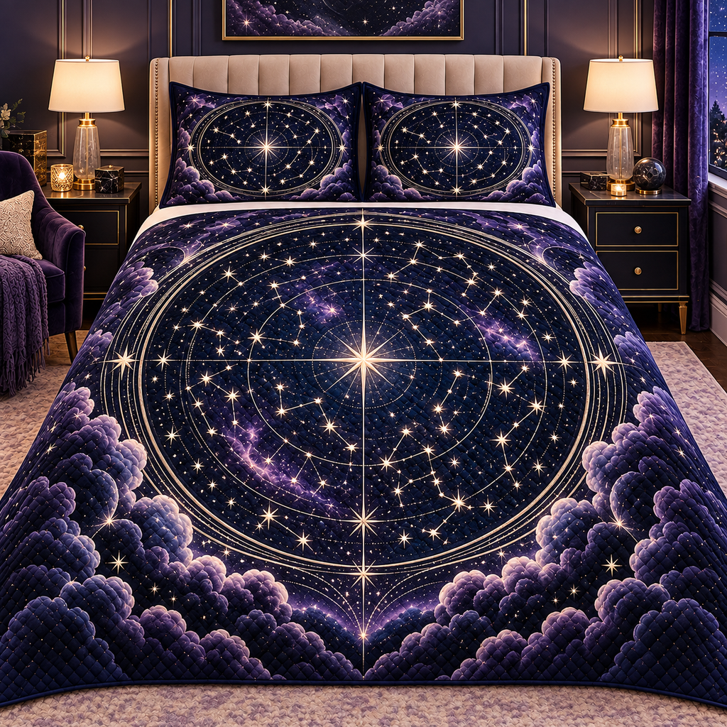 Nocturne Atlas Quilted Bedding Set with printed optical 3D artwork in its use setting