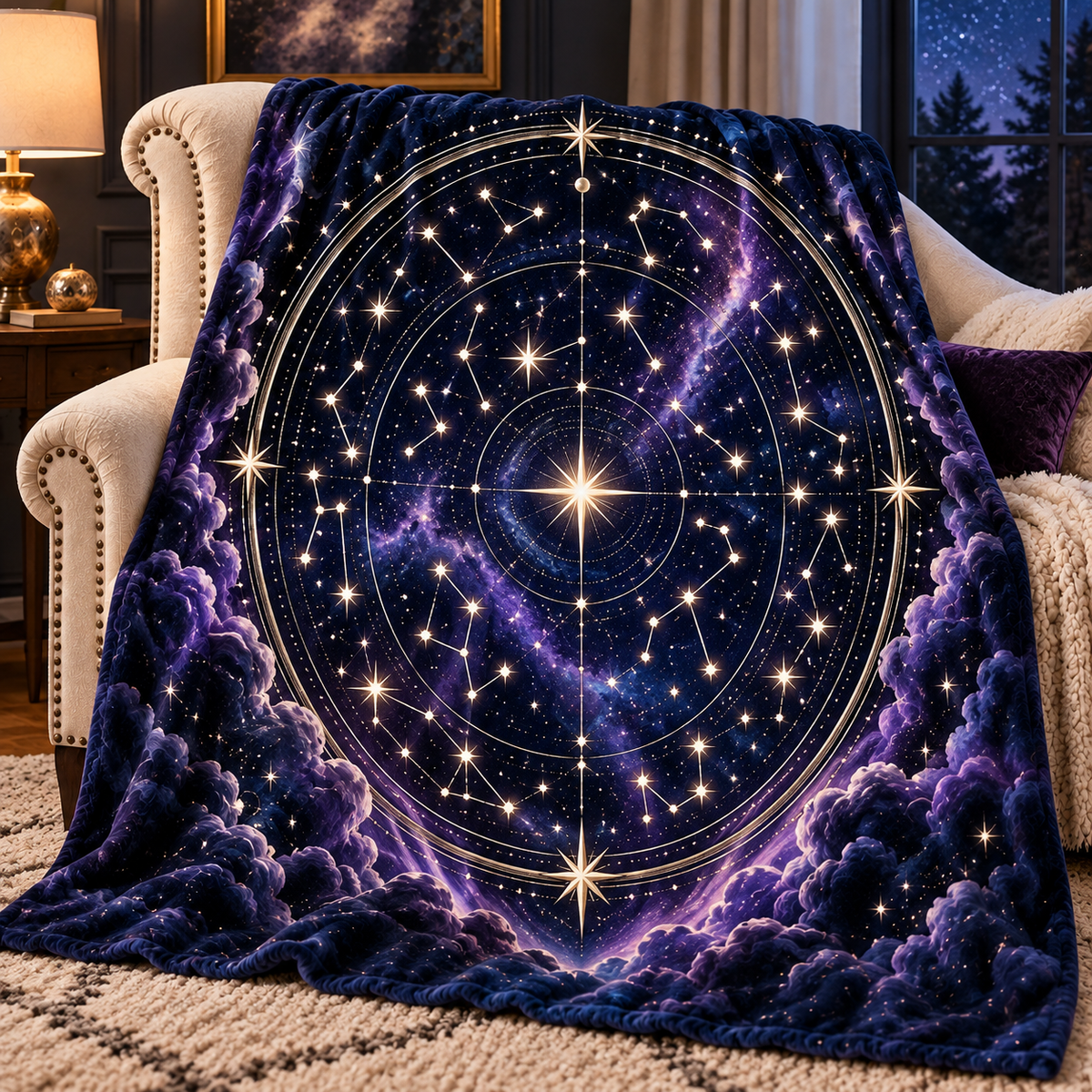 Nocturne Atlas Sherpa & Fleece Blanket with printed optical 3D artwork in its use setting