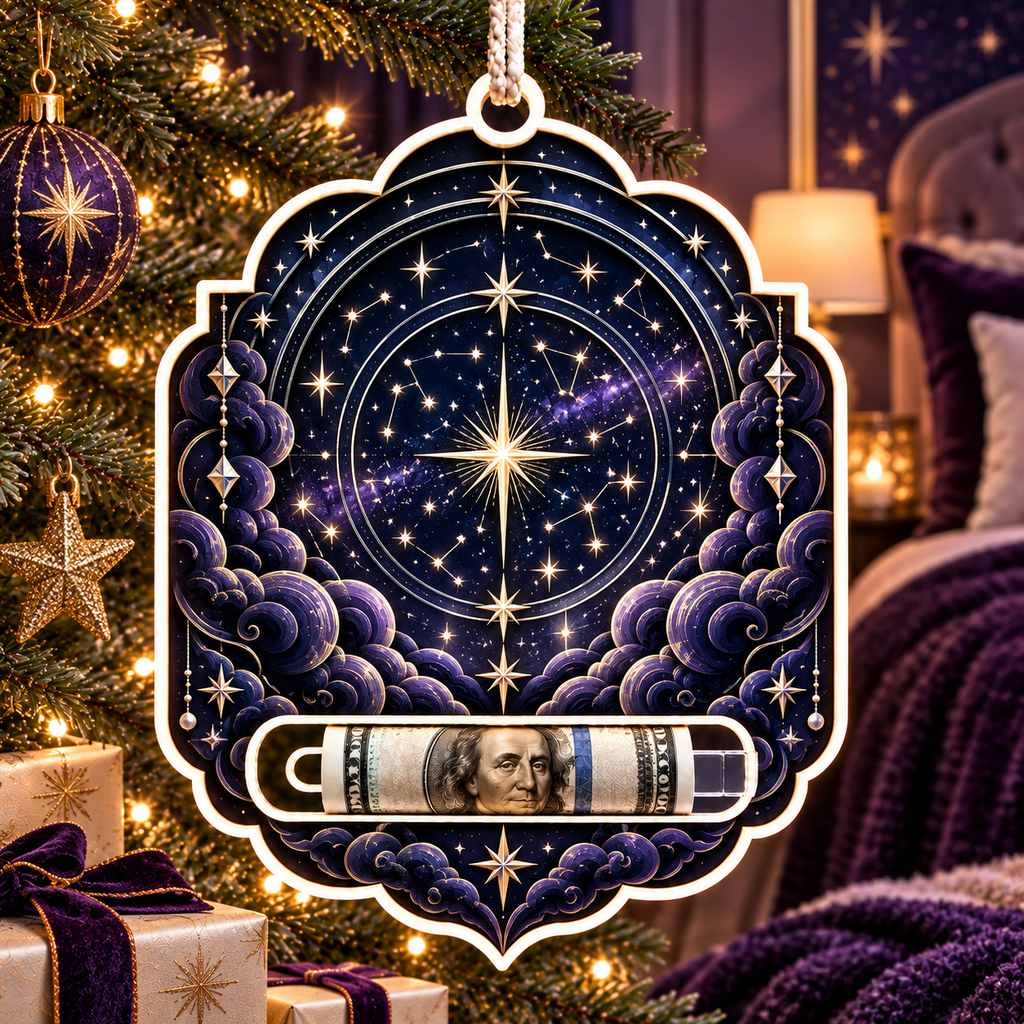 Nocturne Atlas Acrylic Cash Holder Ornament with printed optical 3D artwork in its use setting