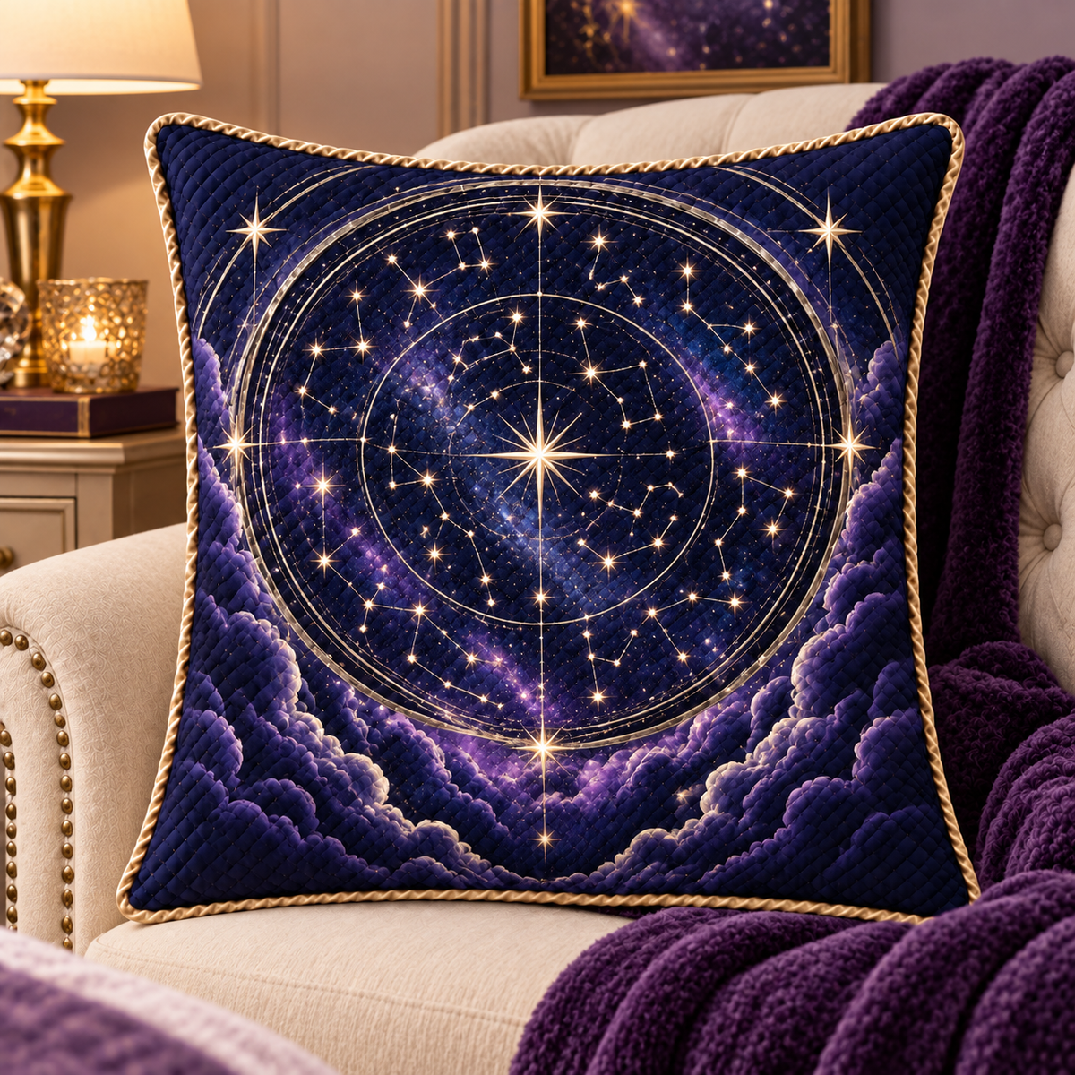 Nocturne Atlas Quilted Cushion Cover with printed optical 3D artwork in its use setting