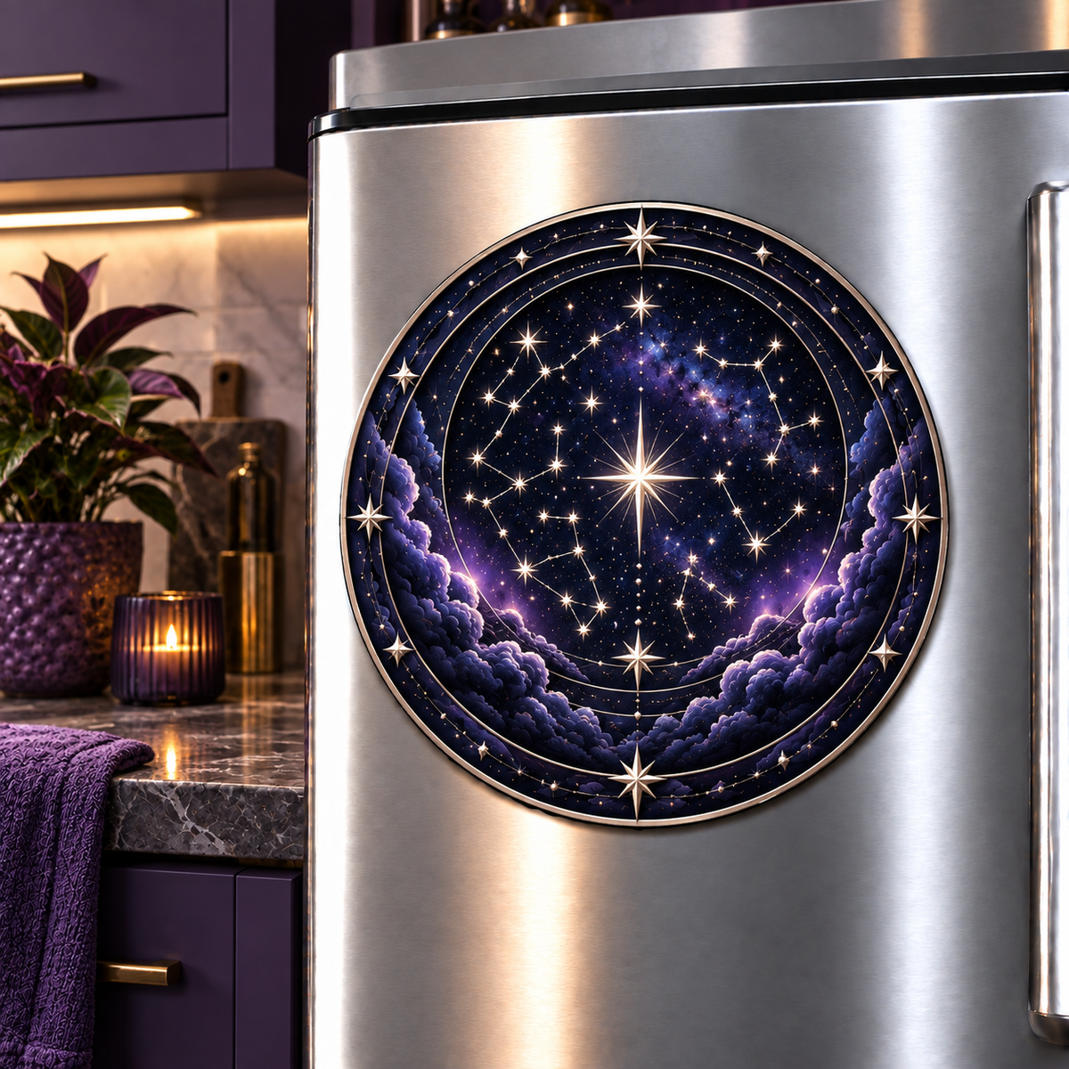 Nocturne Atlas Acrylic Refrigerator Magnet with printed optical 3D artwork in its use setting