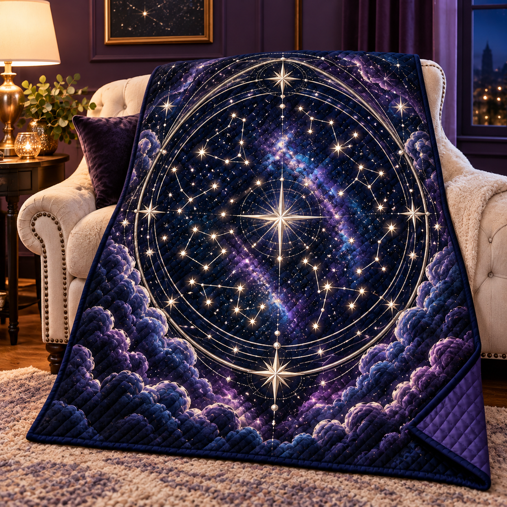 Nocturne Atlas Quilt Blanket with printed optical 3D artwork in its use setting