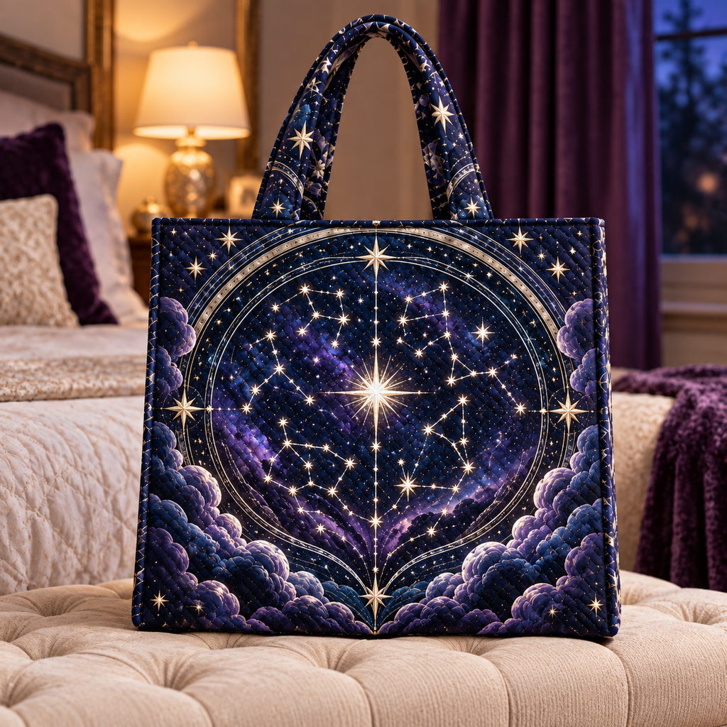 Nocturne Atlas Quilted Tote Bag with printed optical 3D artwork in its use setting