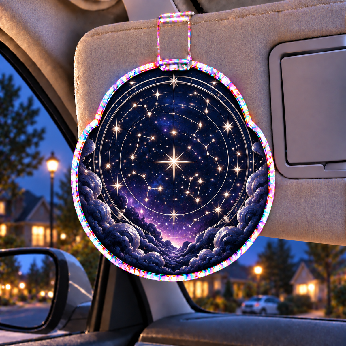 Nocturne Atlas Holographic Car Visor Clip with printed optical 3D artwork in its use setting