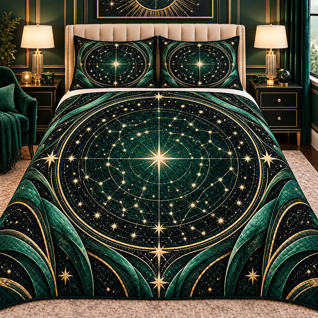 Aurum Starfield Quilted Bedding Set with printed optical 3D artwork in its use setting