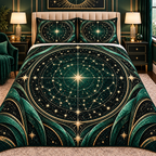Aurum Starfield Quilted Bedding Set with printed optical 3D artwork in its use setting