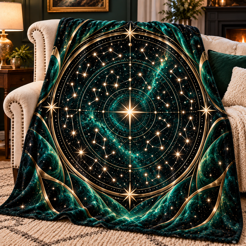Aurum Starfield Sherpa & Fleece Blanket with printed optical 3D artwork in its use setting