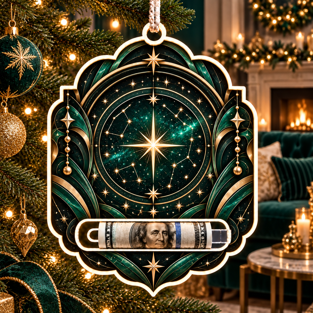 Aurum Starfield Acrylic Cash Holder Ornament with printed optical 3D artwork in its use setting
