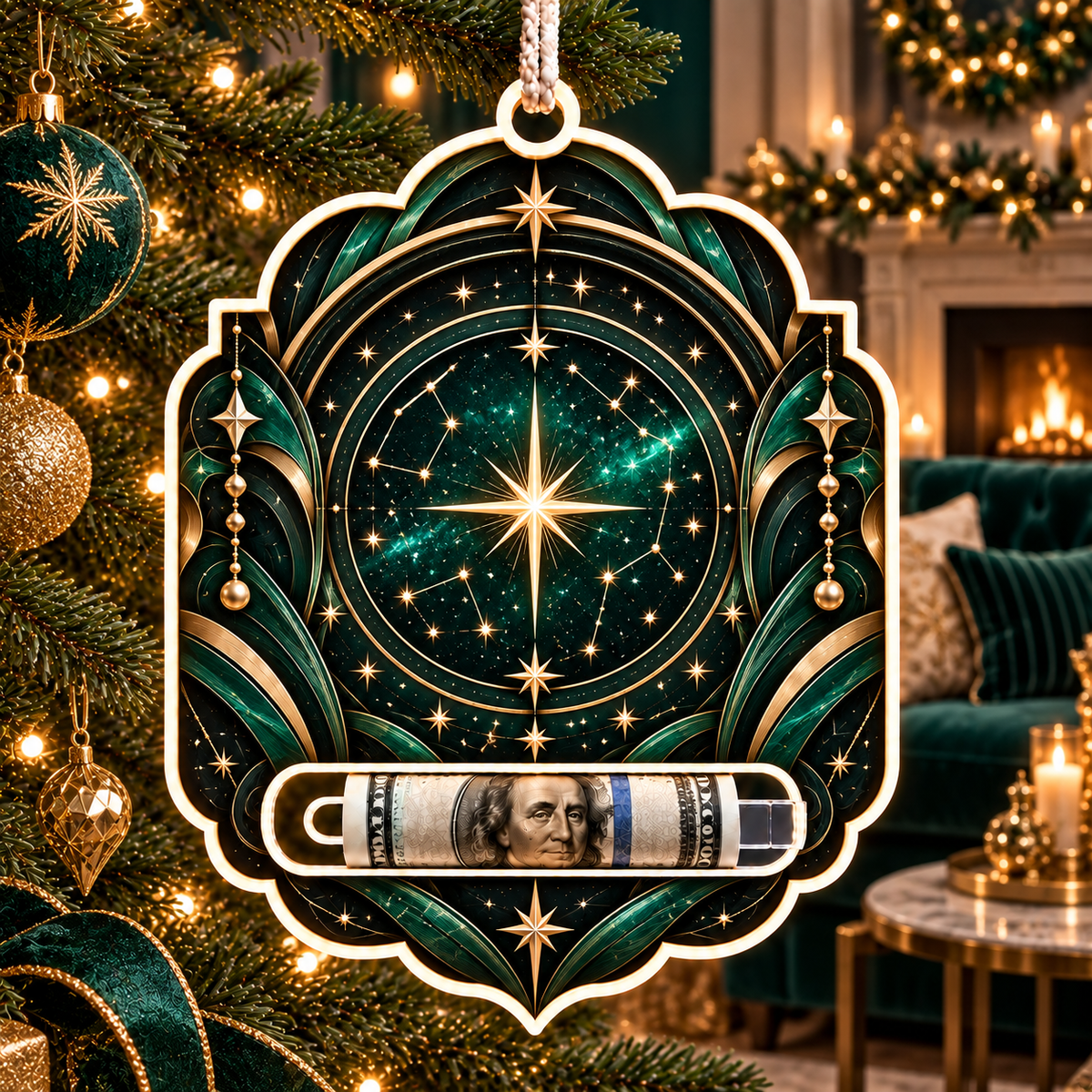 Aurum Starfield Acrylic Cash Holder Ornament with printed optical 3D artwork in its use setting