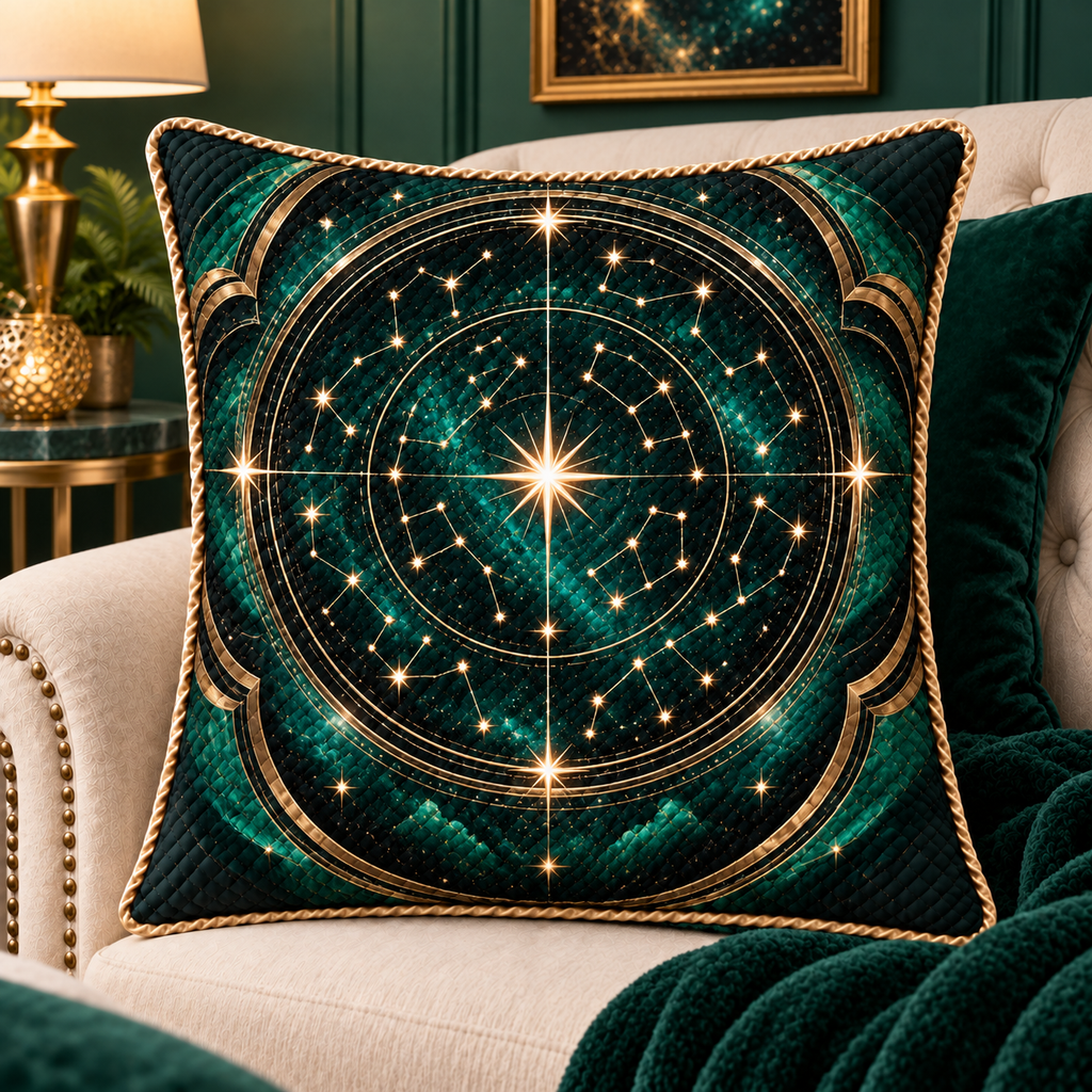 Aurum Starfield Quilted Cushion Cover with printed optical 3D artwork in its use setting
