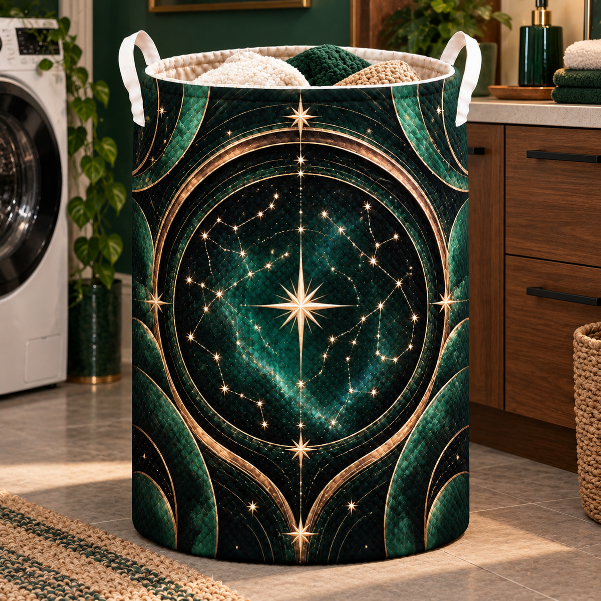 Aurum Starfield Laundry Hamper with printed optical 3D artwork in its use setting