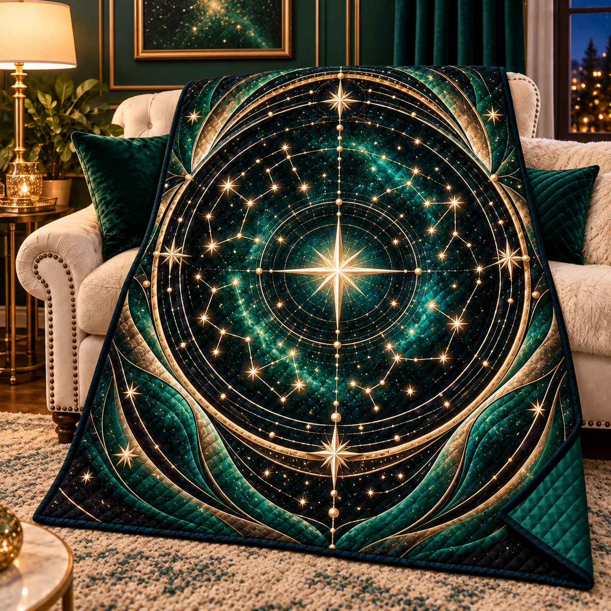 Aurum Starfield Quilt Blanket with printed optical 3D artwork in its use setting