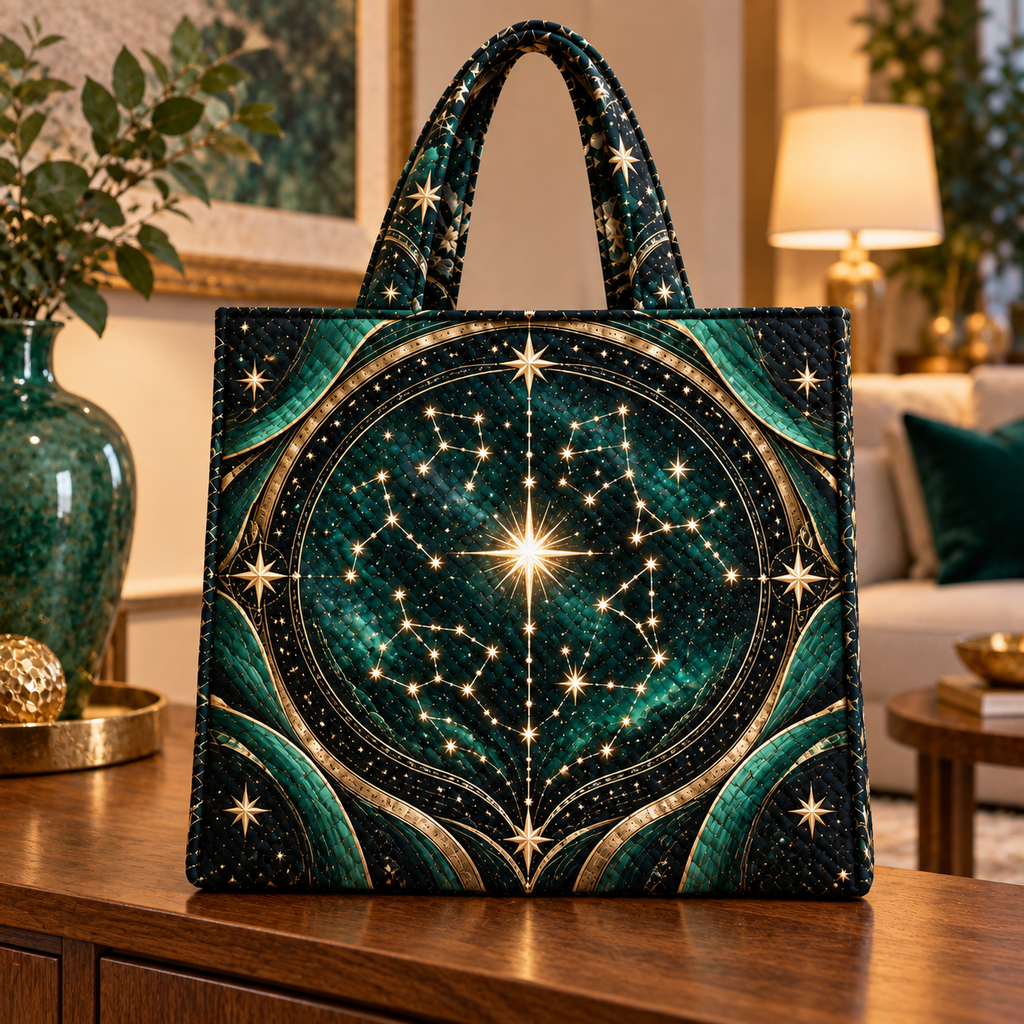 Aurum Starfield Quilted Tote Bag with printed optical 3D artwork in its use setting