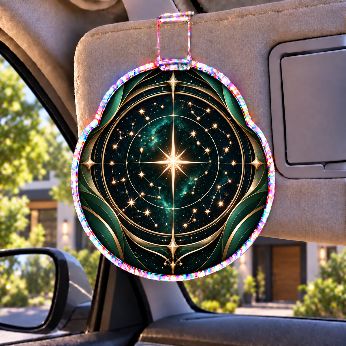 Aurum Starfield Holographic Car Visor Clip with printed optical 3D artwork in its use setting