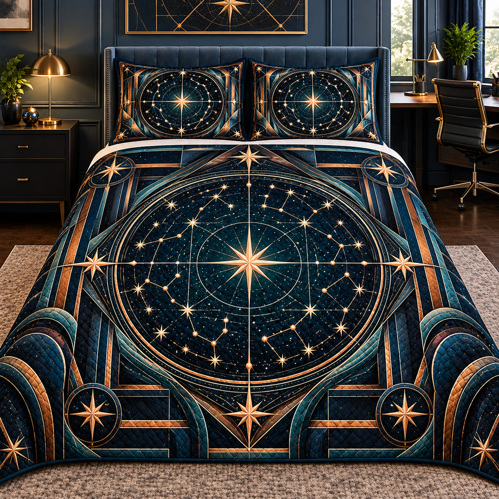 Astral Geometry Quilted Bedding Set with printed optical 3D artwork in its use setting