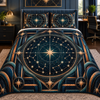 Astral Geometry Quilted Bedding Set with printed optical 3D artwork in its use setting