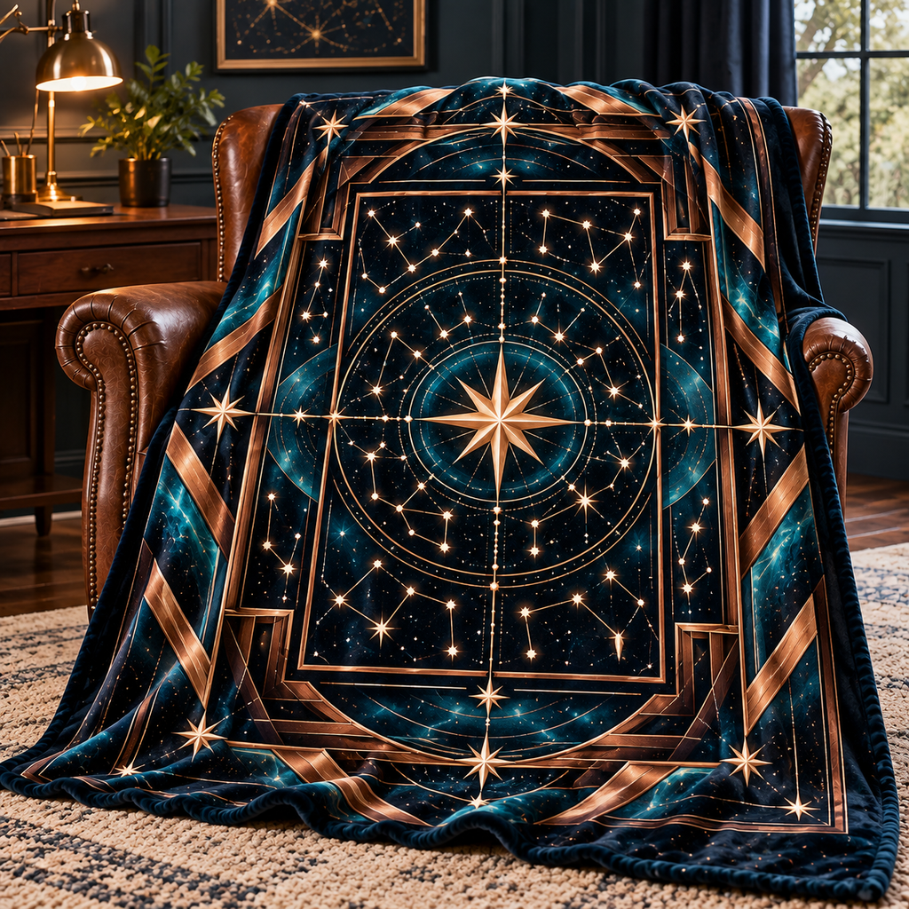 Astral Geometry Sherpa & Fleece Blanket with printed optical 3D artwork in its use setting