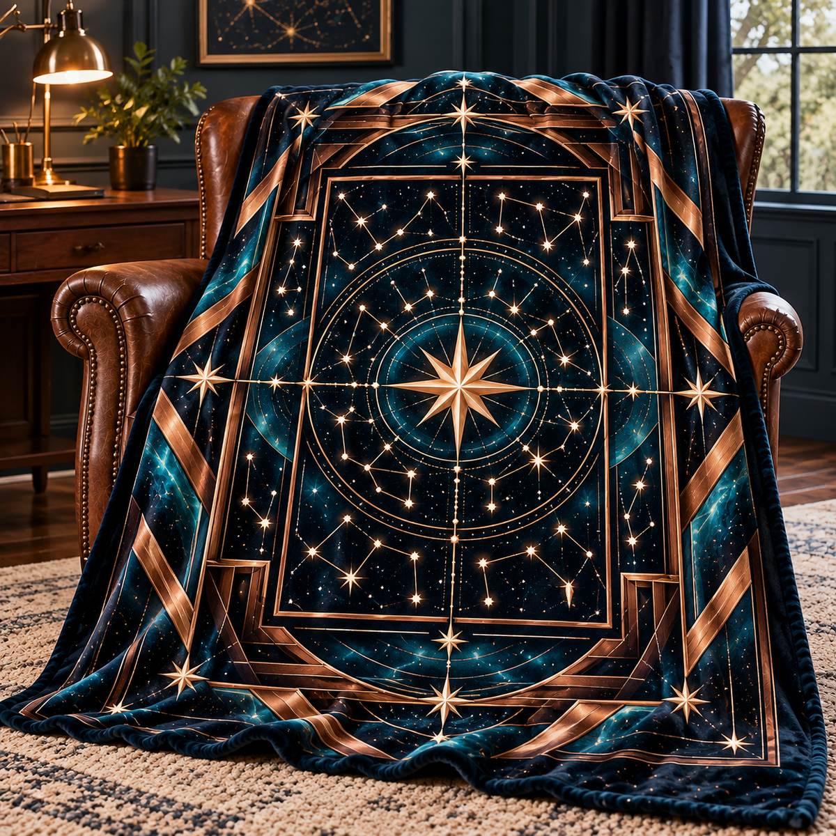 Astral Geometry Sherpa & Fleece Blanket with printed optical 3D artwork in its use setting