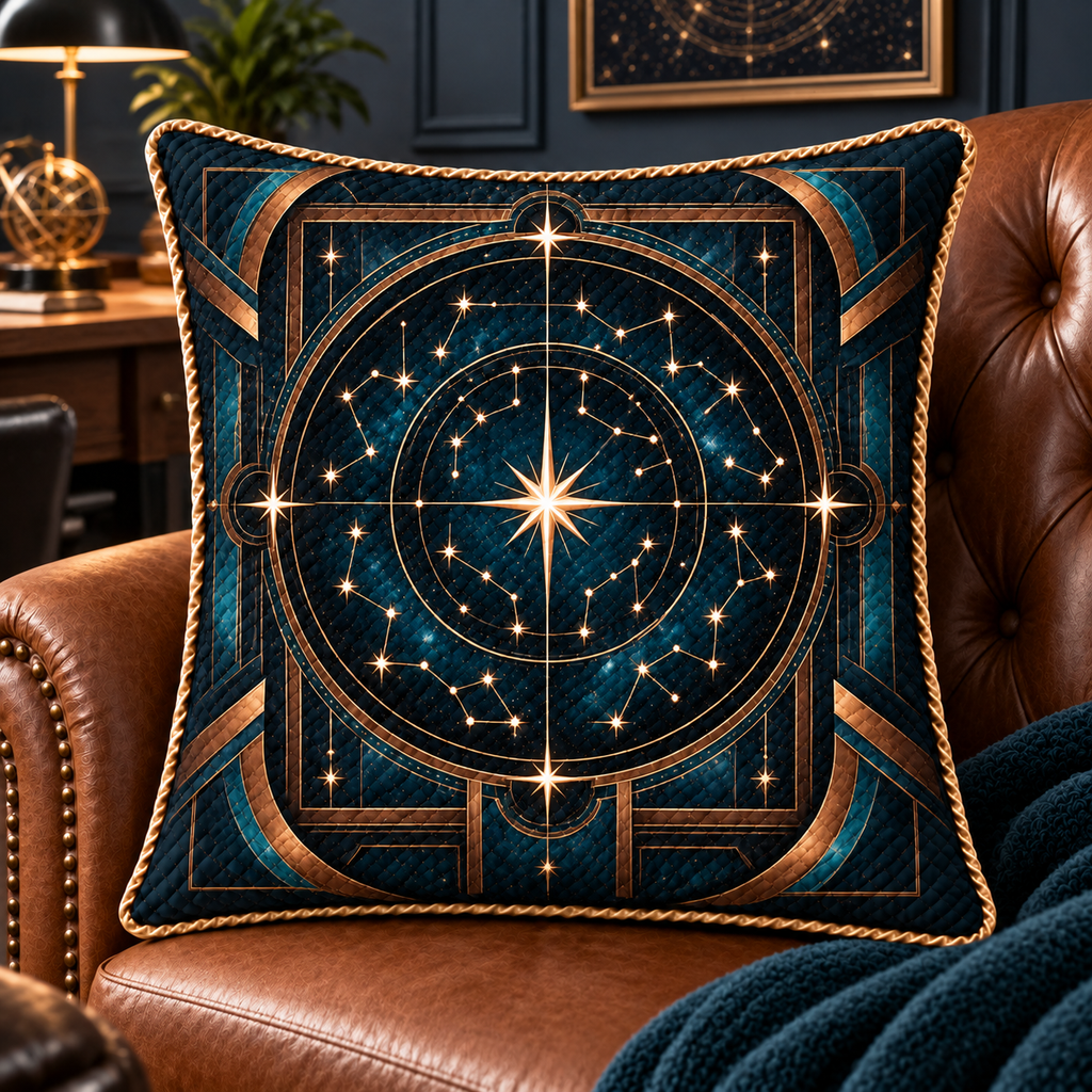 Astral Geometry Quilted Cushion Cover with printed optical 3D artwork in its use setting