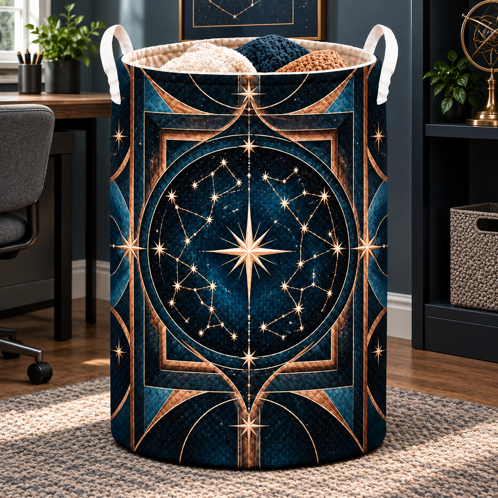 Astral Geometry Laundry Hamper with printed optical 3D artwork in its use setting