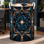 Astral Geometry Laundry Hamper with printed optical 3D artwork in its use setting