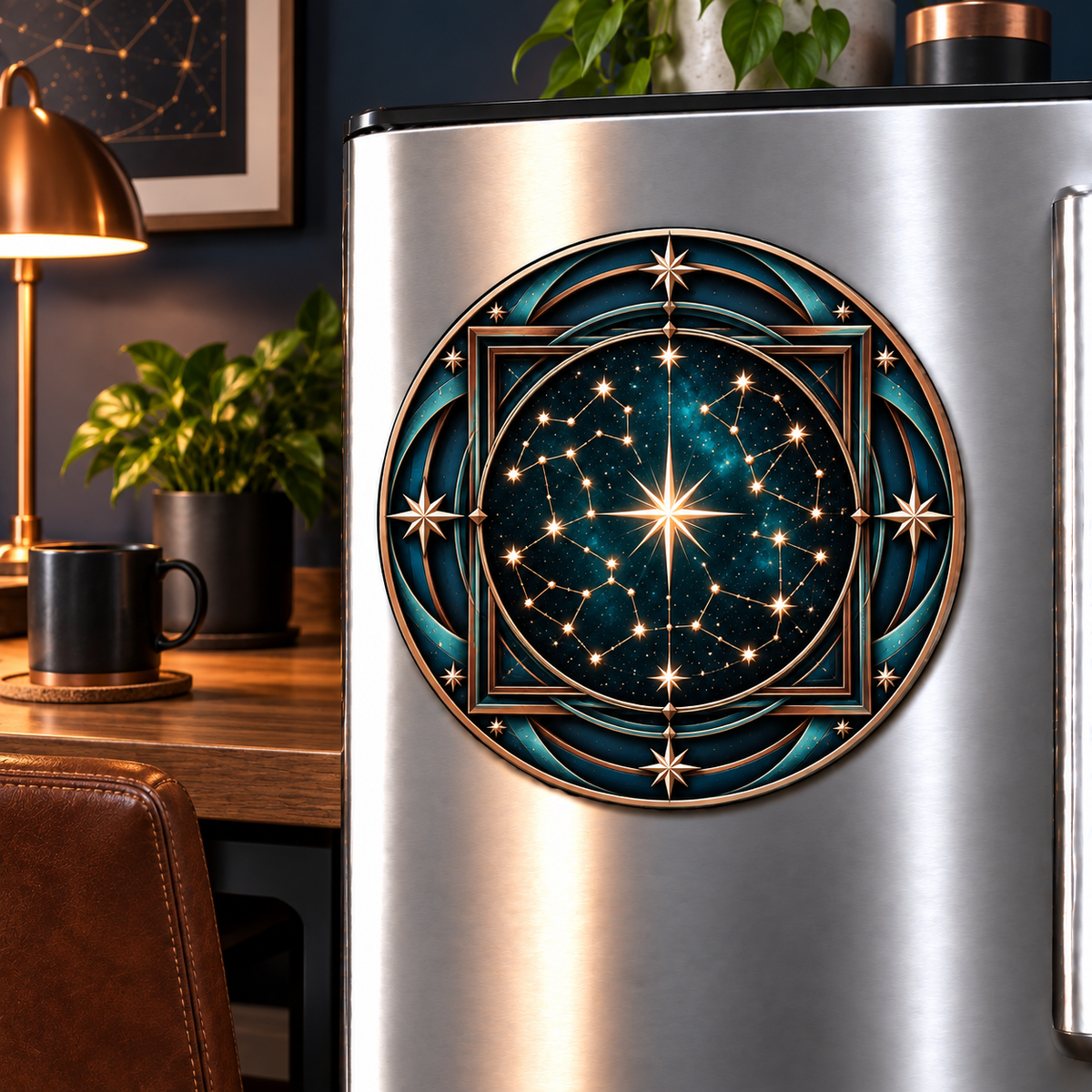Astral Geometry Acrylic Refrigerator Magnet with printed optical 3D artwork in its use setting