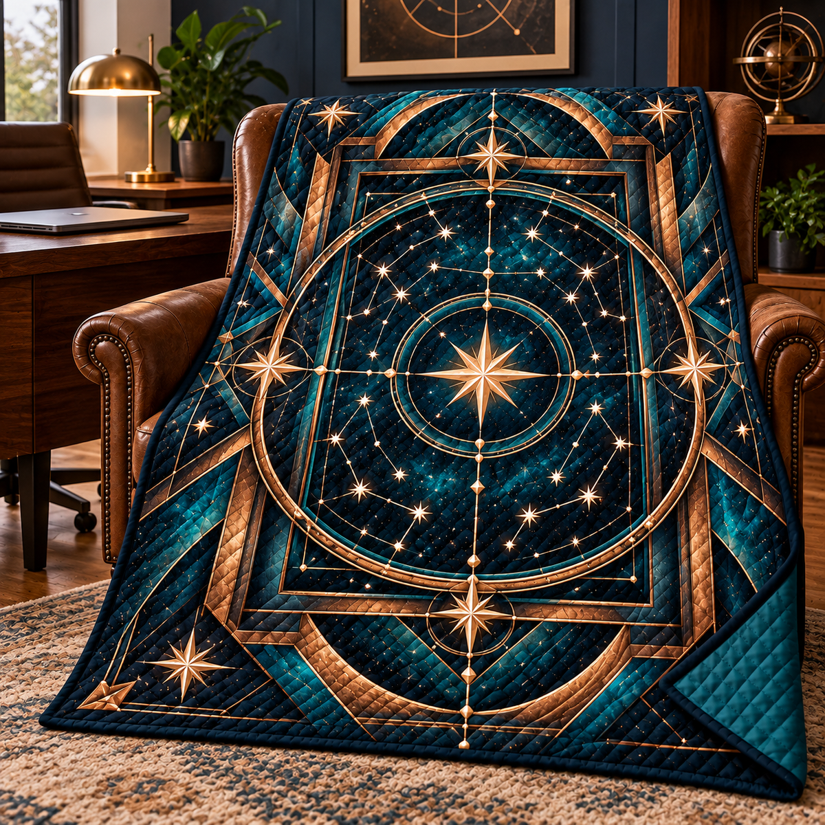 Astral Geometry Quilt Blanket with printed optical 3D artwork in its use setting