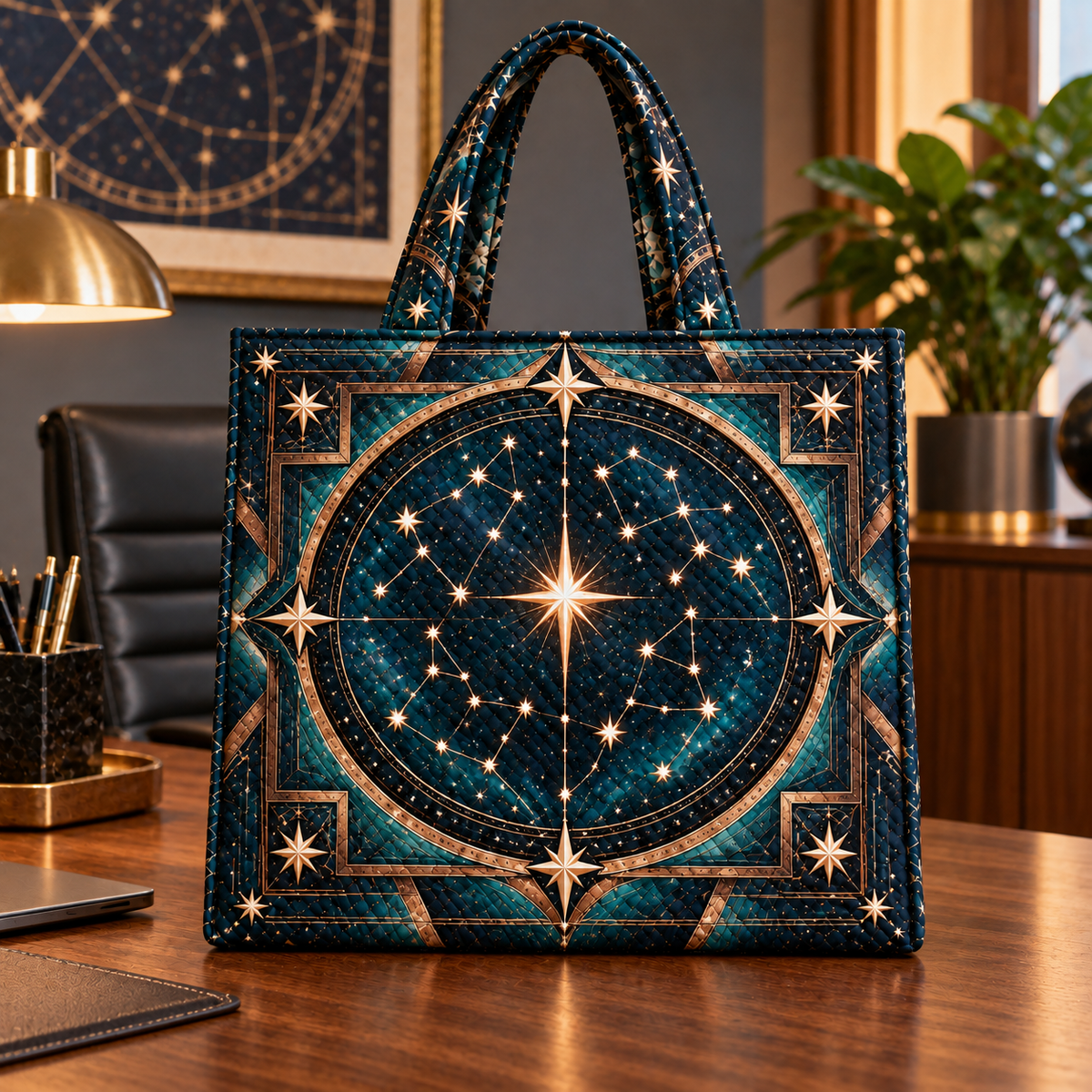 Astral Geometry Quilted Tote Bag with printed optical 3D artwork in its use setting