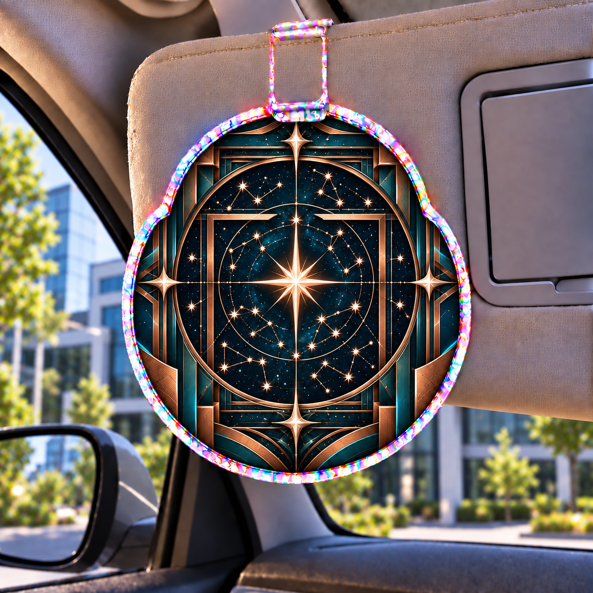 Astral Geometry Holographic Car Visor Clip with printed optical 3D artwork in its use setting