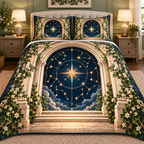 Celestial Threshold Quilted Bedding Set with printed optical 3D artwork in its use setting