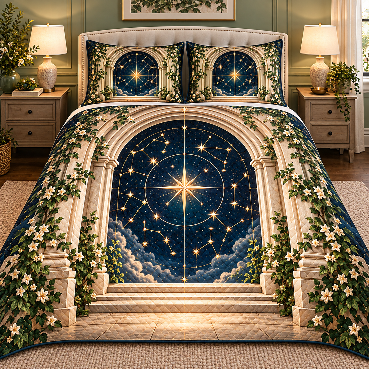 Celestial Threshold Quilted Bedding Set with printed optical 3D artwork in its use setting