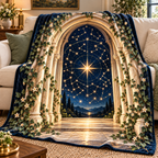 Celestial Threshold Sherpa & Fleece Blanket with printed optical 3D artwork in its use setting