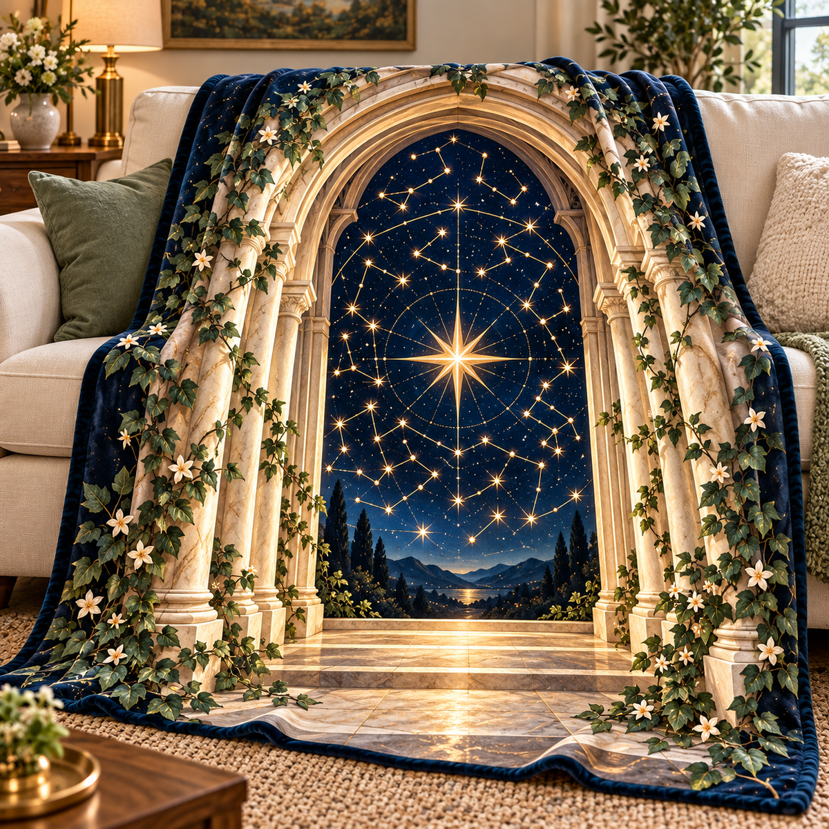 Celestial Threshold Sherpa & Fleece Blanket with printed optical 3D artwork in its use setting