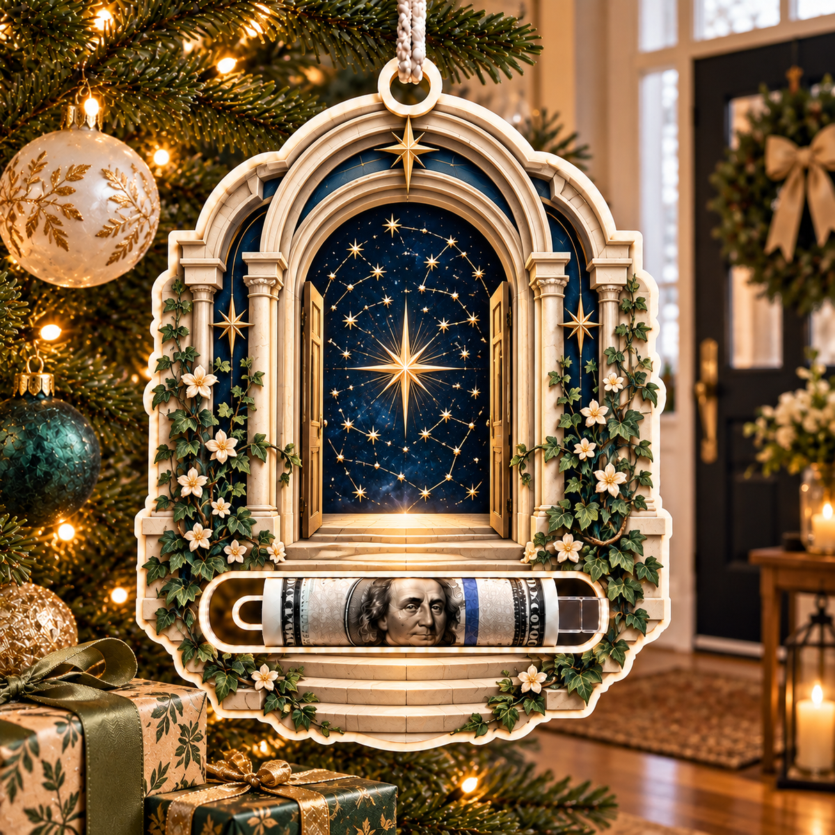 Celestial Threshold Acrylic Cash Holder Ornament with printed optical 3D artwork in its use setting