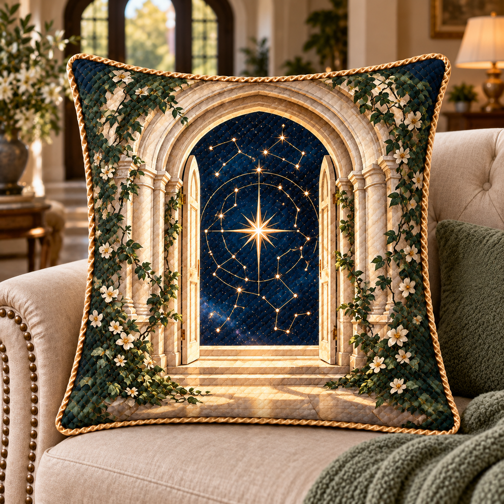 Celestial Threshold Quilted Cushion Cover with printed optical 3D artwork in its use setting