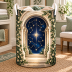 Celestial Threshold Laundry Hamper with printed optical 3D artwork in its use setting