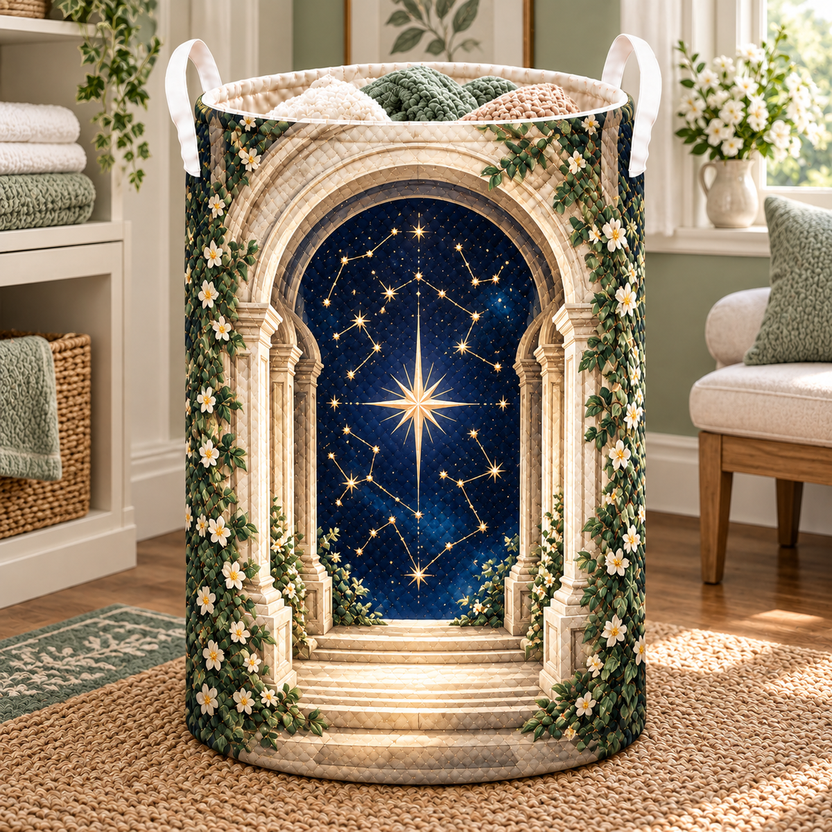 Celestial Threshold Laundry Hamper with printed optical 3D artwork in its use setting