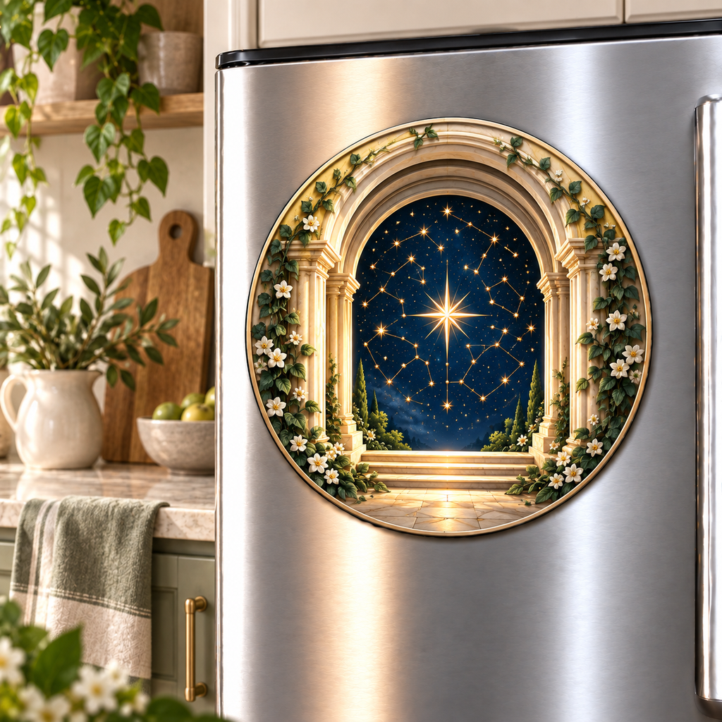 Celestial Threshold Acrylic Refrigerator Magnet with printed optical 3D artwork in its use setting