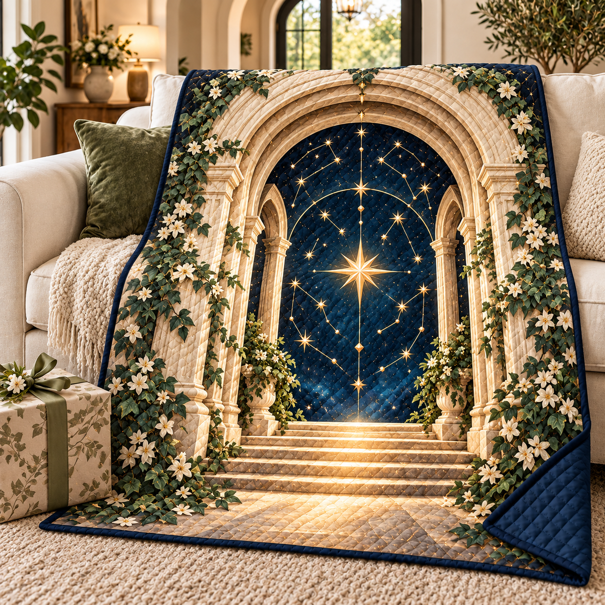 Celestial Threshold Quilt Blanket with printed optical 3D artwork in its use setting