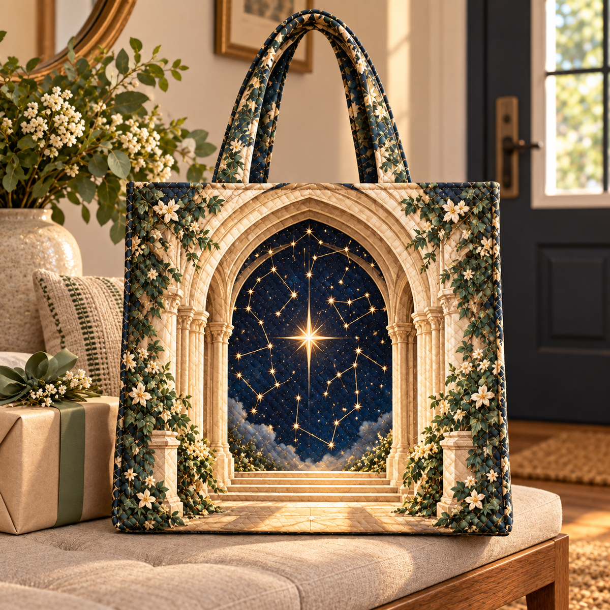 Celestial Threshold Quilted Tote Bag with printed optical 3D artwork in its use setting