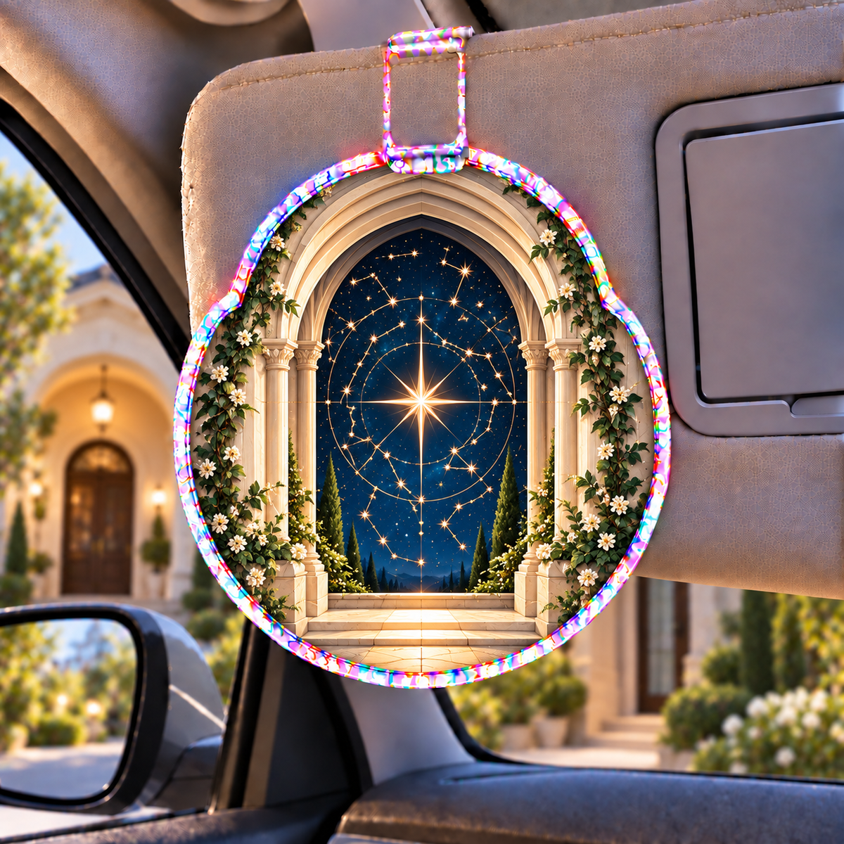 Celestial Threshold Holographic Car Visor Clip with printed optical 3D artwork in its use setting