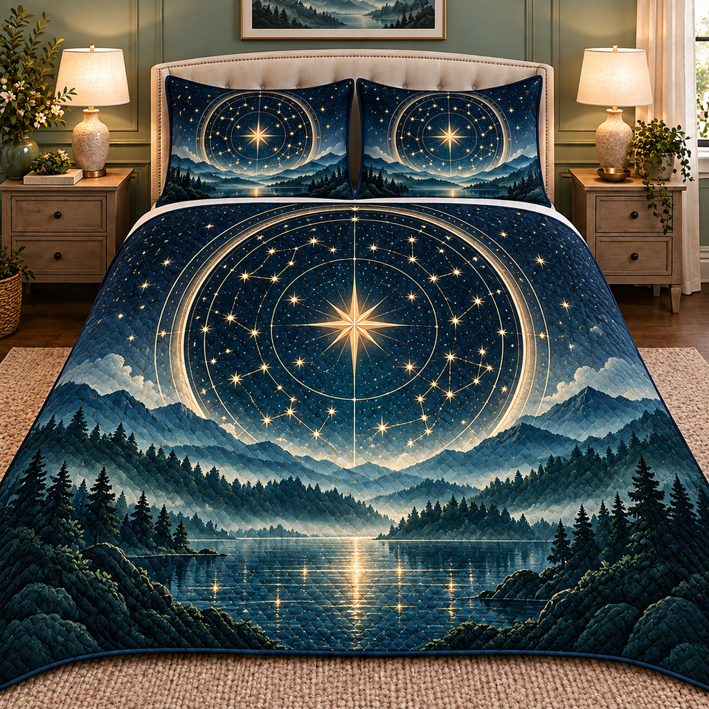 Quiet Constellations Quilted Bedding Set with printed optical 3D artwork in its use setting