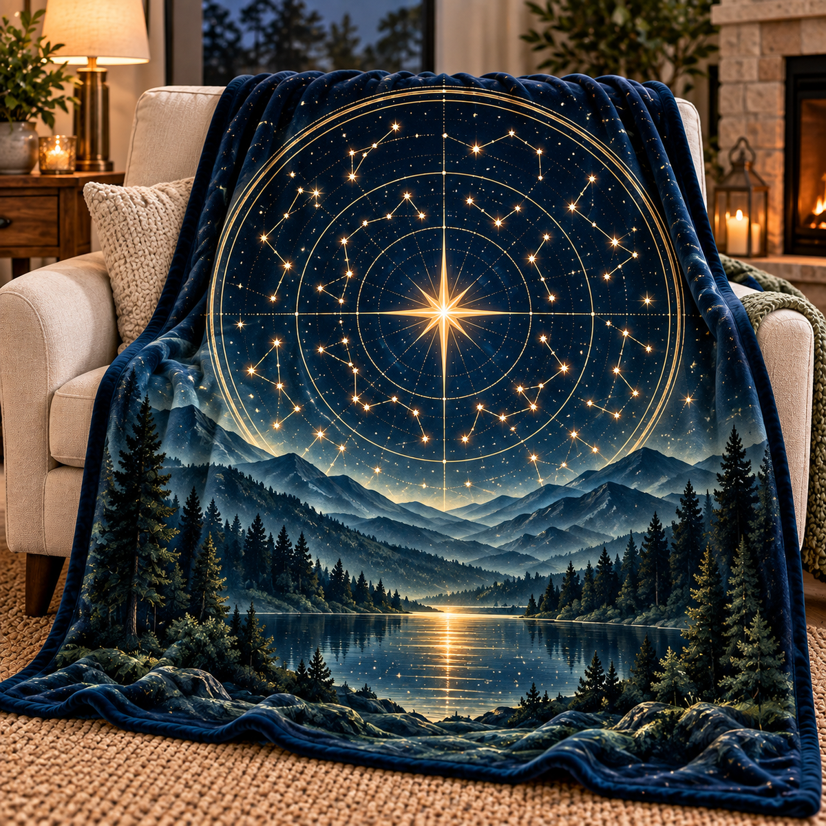 Quiet Constellations Sherpa & Fleece Blanket with printed optical 3D artwork in its use setting