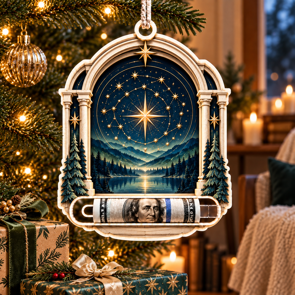 Quiet Constellations Acrylic Cash Holder Ornament with printed optical 3D artwork in its use setting