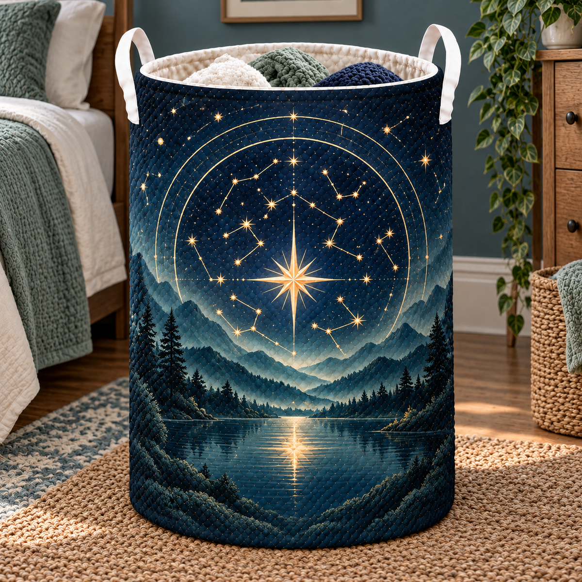 Quiet Constellations Laundry Hamper with printed optical 3D artwork in its use setting