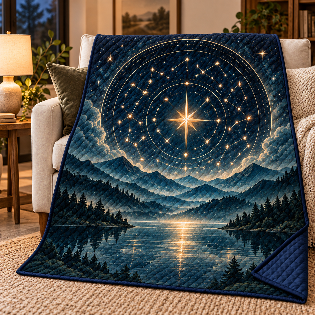 Quiet Constellations Quilt Blanket with printed optical 3D artwork in its use setting