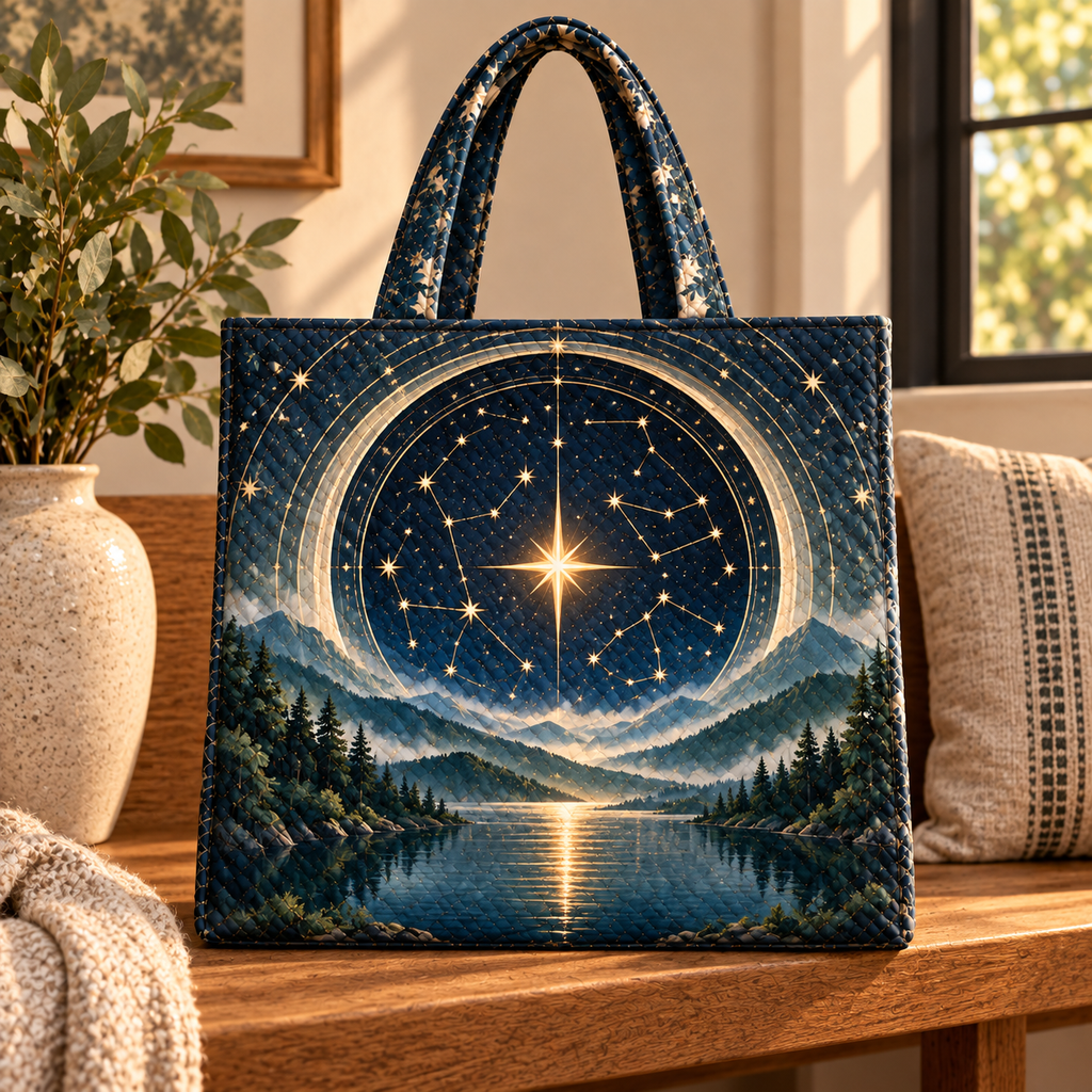 Quiet Constellations Quilted Tote Bag with printed optical 3D artwork in its use setting
